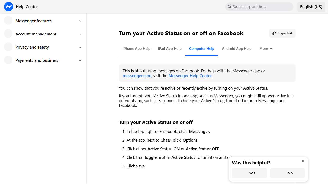Turn your Active Status on or off on Facebook Messenger Help Center